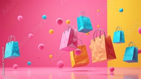 Fototapeta Colorful shopping bags floating amid playful spheres on a vibrant, multicolored background, highlighting excitement and fun of shopping.