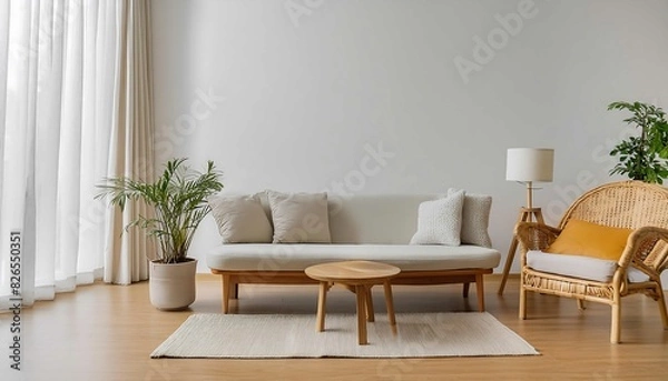 Fototapeta White sofa on wooden parquet. Minimalist, scandinavian home interior design of modern living room. landscape in window Nordic home interior illustration