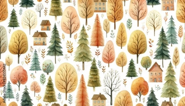 Fototapeta Beautiful illustration of colorful autumn trees in a pattern background.