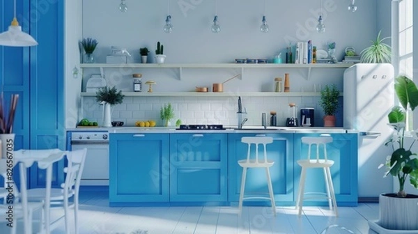 Fototapeta Modern blue kitchen interior furnished against a backdrop of white walls.