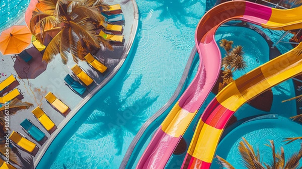 Obraz Top view of colorful waterpark with slides, palm trees and sunloungers. Concept of summer, holiday, recreation