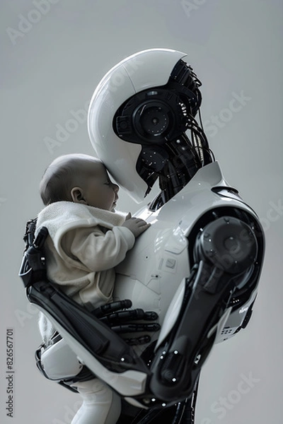 Fototapeta Futuristic Humanoid Android Comforting Human Baby