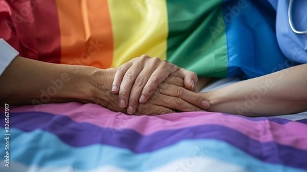 Fototapeta Compassionate Nurse Holding Patient's Hand with Rainbow Flag in Background, Comforting Supportive Care Concept
