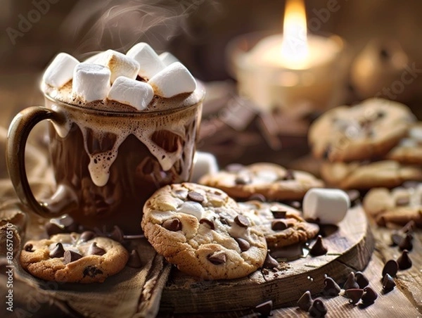 Obraz Cup of hot chocolate with marshmallows and chocolate chip cookies on a wooden table.