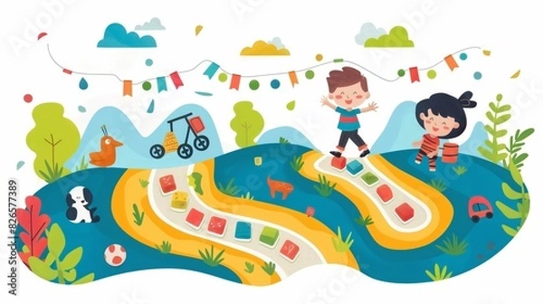 Fototapeta A cartoon of a boy and girl playing in a field with a path of blocks