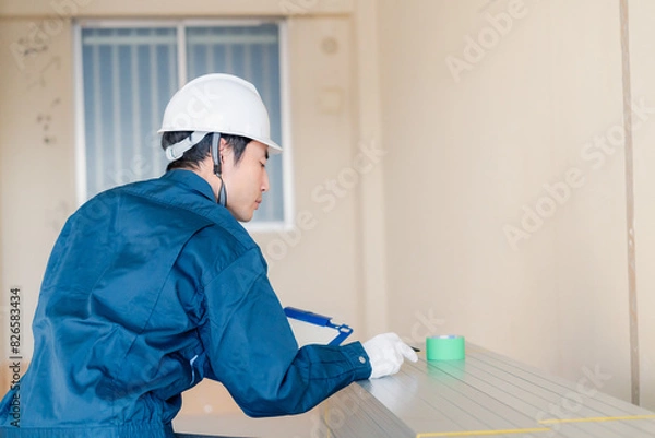 Fototapeta 建設現場で資材の確認をする大工