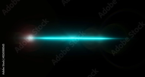 Fototapeta Light flare moving overlay asset in black. Long arm shining lens flare light leak realistic for a montage visual title beat animation. Creative spotlight sparkles abstract flash.