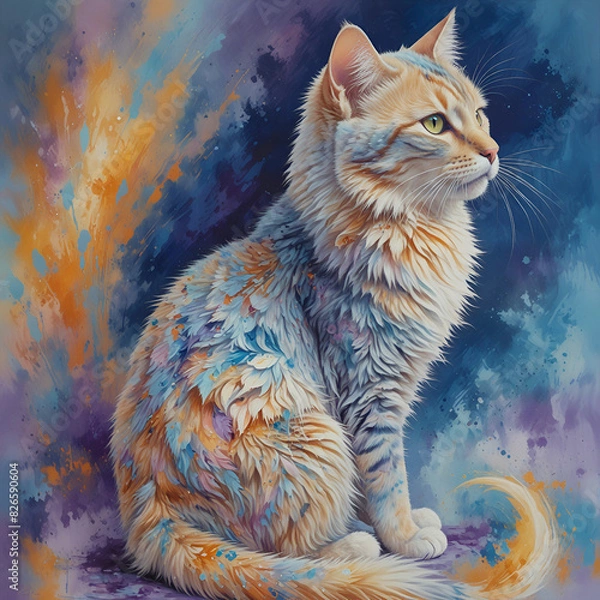 Fototapeta A vibrantly colored, intricately detailed cat sitting upright. The cat has a mix of orange, white, and blue hues, with swirling patterns and designs that give it an almost ethereal appearance