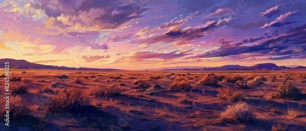 Fototapeta A serene desert landscape at dusk, with the sky painted in deep purples and oranges