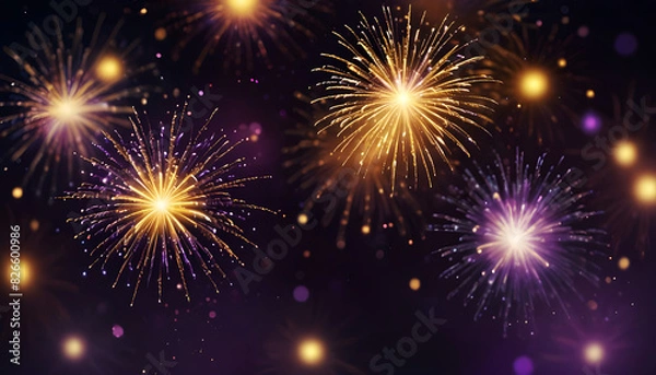 Fototapeta Celebration blurred background with golden and purple fireworks. Generative Ai
