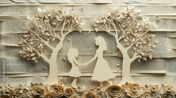 Fototapeta A delicate paper art piece of two figures holding hands under trees, surrounded by flowers. The serene, monochromatic design evokes a sense of peace and connection.