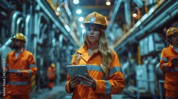Fototapeta Three Diverse Multicultural Heavy Industry Engineers and Workers in Uniform Walk in Dark Steel Factory Using Flashlights on Their Hard Hats. Female Industrial Contractor is Using a Tablet Computer