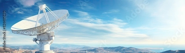 Obraz Large satellite dish antenna under a clear blue sky in a mountainous region, representing communication and technology advancements.