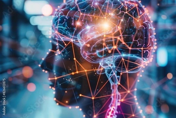 Fototapeta Digital illustration of a human brain with neural network connections, representing artificial intelligence and advanced technology.