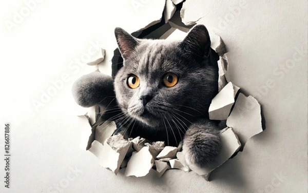 Fototapeta A Chartreux cat breaks through the white wall of a room
