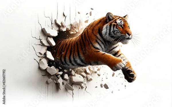 Fototapeta A tiger breaks through the white wall of a room