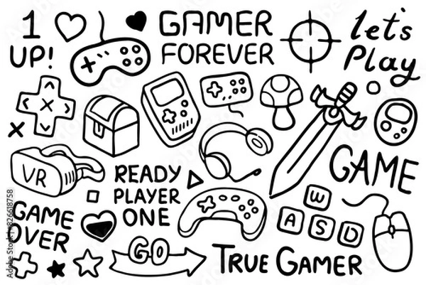 Fototapeta Video game illustrations set. Video game devices, icons, items black line art, outline illustrations and lettering sayings for gamers