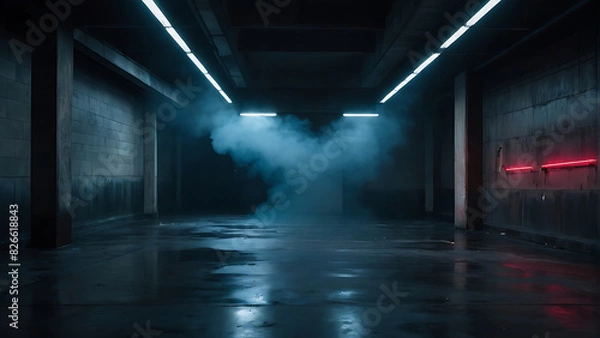 Obraz Abstract light in a dark concrete floor with smoke, Background of empty room, street, neon light, fog