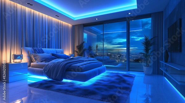 Fototapeta modern bedroom equipped with smart technology like adjustable mattresses, smart lights that mimic sunset and sunrise