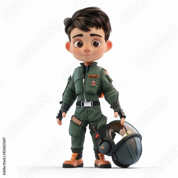 Fototapeta Cute Boy Cartoon in 3D Style Wearing Fighter Pilot Suit, Holding a Pilot Helmet, Isolated on White Background, Ideal for Aviation-Themed Children's Illustrations and Adventure Stories