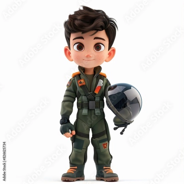 Fototapeta Cute Boy Cartoon in 3D Style Wearing Fighter Pilot Suit, Holding a Pilot Helmet, Isolated on White Background, Ideal for Aviation-Themed Children's Illustrations and Adventure Stories