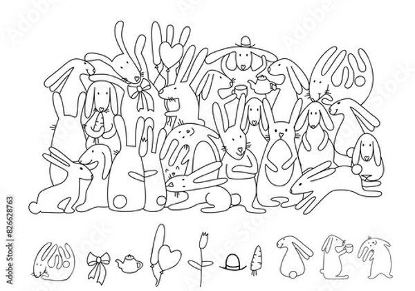 Fototapeta Find and color hidden objects. Cute bunnies. Easter rabbits. Coloring page. Educational puzzle game for children. Sketch vector illustration