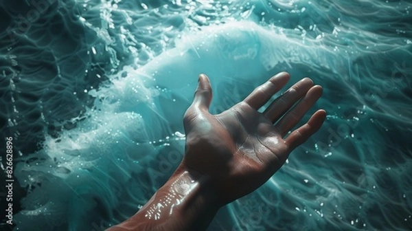 Fototapeta 3D render flat design of a hand reaching out in the cancer journey, top view with an inspirational theme and vibrant color scheme focus on, strength in unity, dynamic, Composite, sunrise backdrop