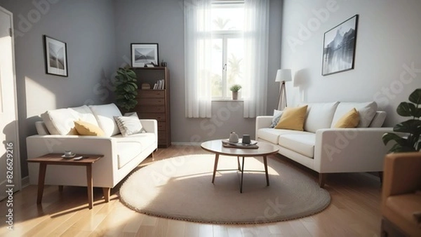 Obraz Inviting modern living room with natural light, showcasing chic white sofas and sophisticated home decor