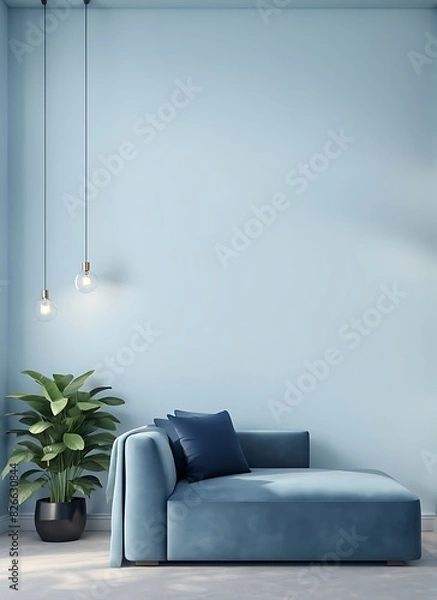 Fototapeta Luxury Modern Home Design with Living Room or Business Hall Scene in Light Pastel Colors. Lounge Room with Blue Sky Paint and Velor, Empty Wall in Navy Background, Pale Tone Loveseat. 3D Render.