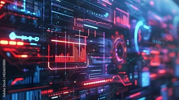 Obraz Dynamic digital design with futuristic elements and holographic displays, suitable for sound and graphic presentations, science, and education visuals