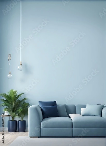 Fototapeta Luxury Modern Home Design with Living Room or Business Hall Scene in Light Pastel Colors. Lounge Room with Blue Sky Paint and Velor, Empty Wall in Navy Background, Pale Tone Loveseat. 3D Render.