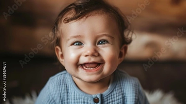 Fototapeta Smiling Baby with Bright Eyes. A close-up image of a happy baby with bright eyes and a big smile, wearing a light-colored outfit.