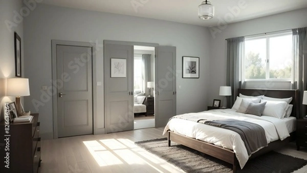 Fototapeta Elegant bedroom interior with sunlight streaming in, showcasing the sleek furnishings and tranquil color scheme