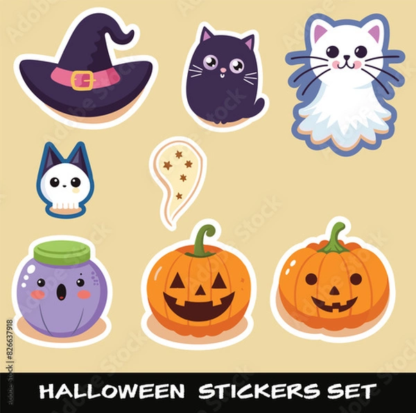 Fototapeta Get into the spooky spirit with our hauntingly fun Halloween Sticker Set! This vector collection delivers a wicked assortment of icons celebrating the eerie excitement of All Hallows' Eve.