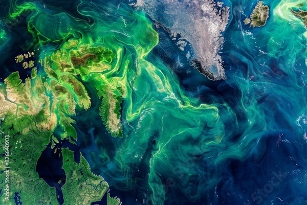 Obraz Global Satellite Images Showing Algae Blooms Caused by Nutrient Pollution, Highlighting Scientific Study and Prevention Strategies.