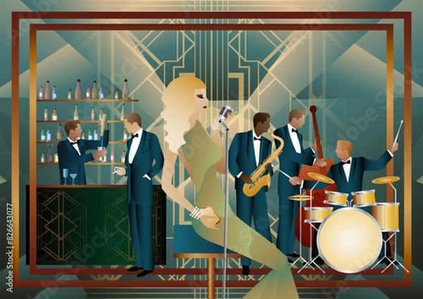 Fototapeta Jazz musicians and singer in a restaurant, cafe or bar. Double bass, saxophone, drum. Musicians play musical instruments