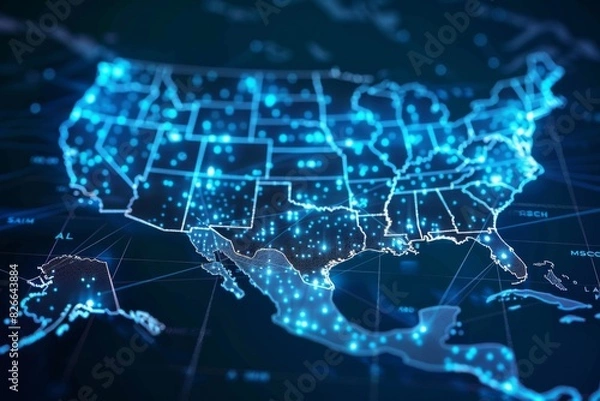Fototapeta Digital map of america network connectivity created with generative ai