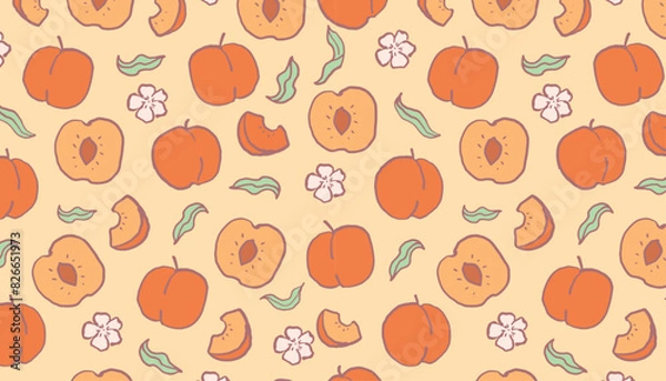 Fototapeta Peaches with leaves and blossoms seamless pattern. Hand drawn simple wallpaper with fruits on yellow  background. Simple vector design for textiles, wallpapers, and prints.