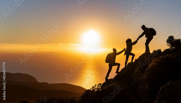 Obraz Group of people climbing a mountain in silhouette, helping each other to reach the summit. Teamwork and shared goals concept.