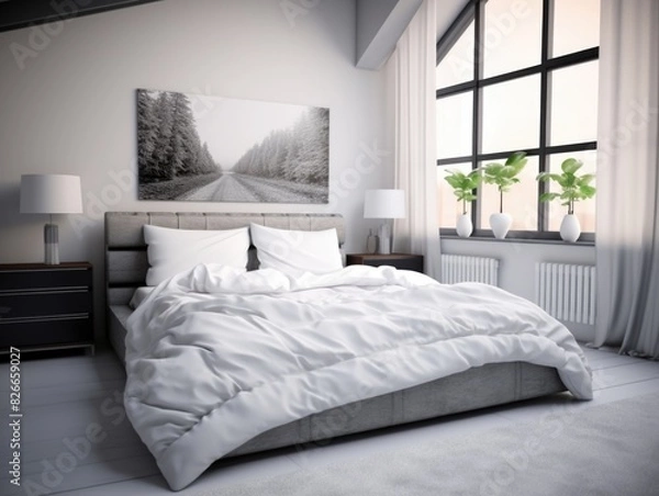 Fototapeta A bedroom with a white bed, a black dresser, and a white wall