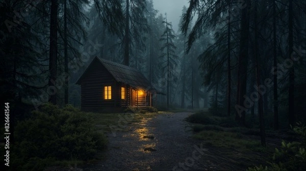 Fototapeta Cozy cabin lit up in foggy forest at night