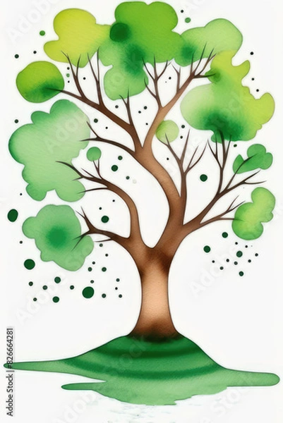 Fototapeta Tree colorful green foliage in varying shades, representing seasons summer, isolated on white background in watercolor style.