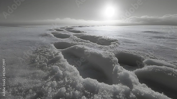 Fototapeta Footprints Leading Through a Snowy Landscape, Leaving a Trail of Memories