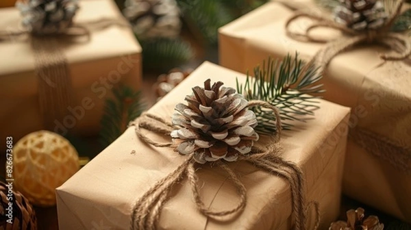 Fototapeta Photo of a simply wrapped gift with brown paper and a sprig of evergreen tied with twine, creating a rustic and eco-friendly presentation.