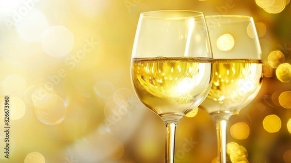 Fototapeta Photo of two glasses of sparkling wine with festive bokeh lights in the background. The image captures a celebratory, elegant atmosphere.