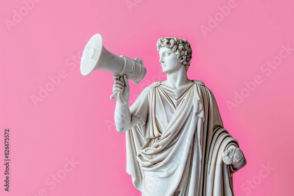Fototapeta Classic marble statue holding megaphone against bright pink background in studio setting