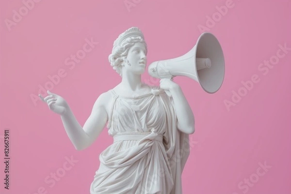 Fototapeta Classical statue with megaphone against pink background in studio lighting