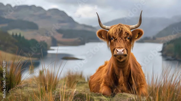 Fototapeta Highland Cow Grazing in a Lush Green Field in Scotland