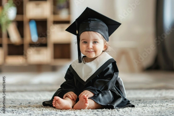 Fototapeta Baby girl in a graduation cap and gown sitting on a rug with a bookshelf in the background, looking cute and proud