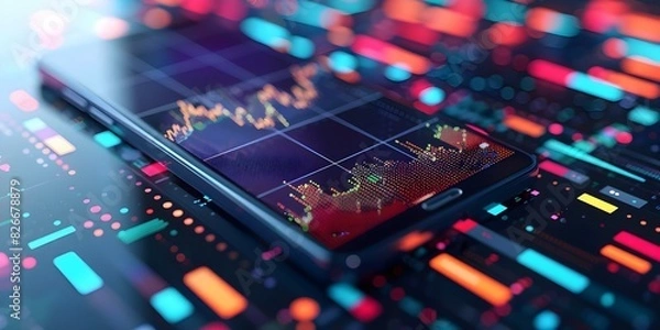 Fototapeta 3D rendering of financial graph technology on mobile phone representing investments. Concept Financial Technology, 3D Rendering, Mobile Phone, Investments, Graph Technology